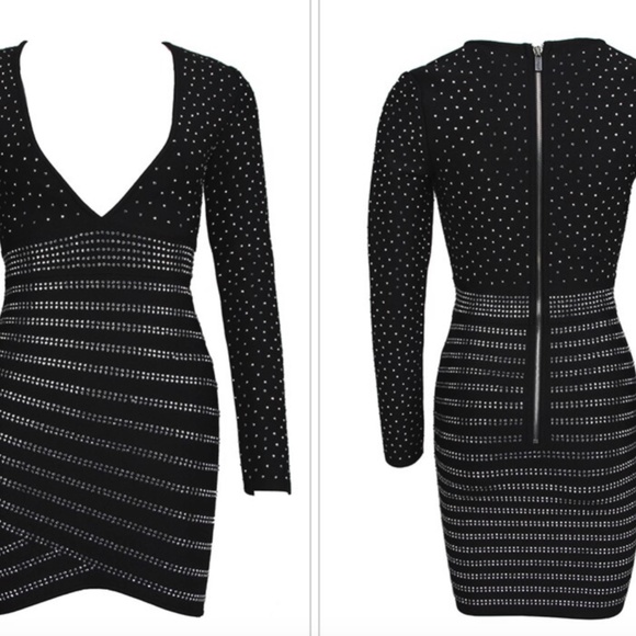 EMBELLISHED CRYSTAL RHINESTONE BLACK BANDAGE DRESS - Picture 9 of 13